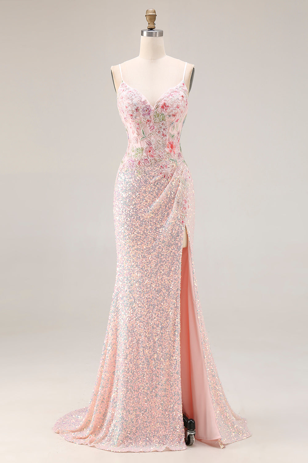 Pink Floral Mermaid Sequin Sparkly Spaghetti Straps Long Corset Prom Dress