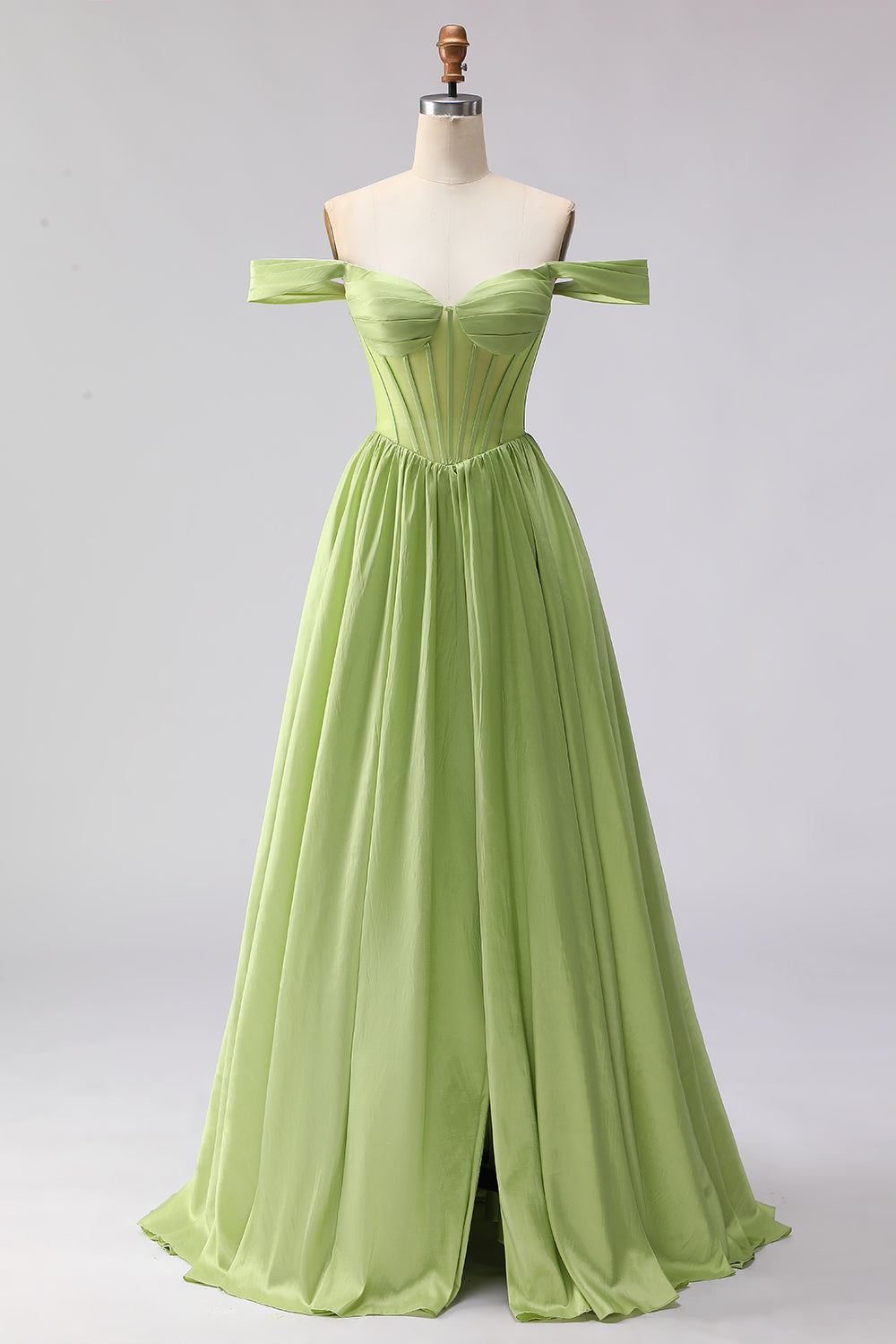 Leely Women Green Long Corset Prom Dress with Slit Satin Off the Shoulder A Line Formal Dress