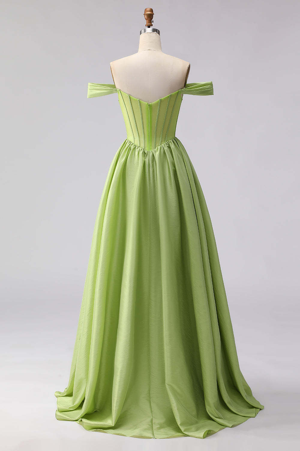 Green Off the Shoulder A Line Long Corset Prom Dress with Slit