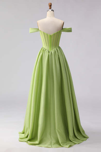 Green Off the Shoulder A Line Long Corset Prom Dress with Slit