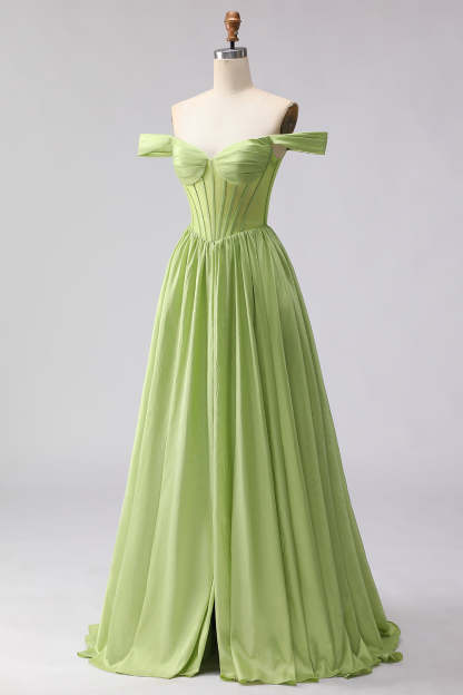 Green Off the Shoulder A Line Long Corset Prom Dress with Slit