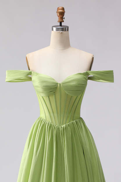 Green Off the Shoulder A Line Long Corset Prom Dress with Slit