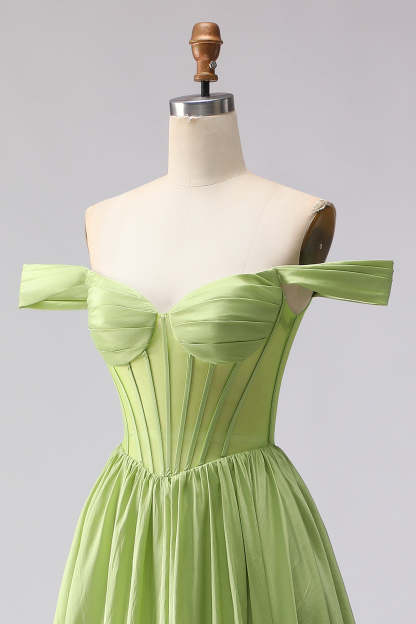 Green Off the Shoulder A Line Long Corset Prom Dress with Slit