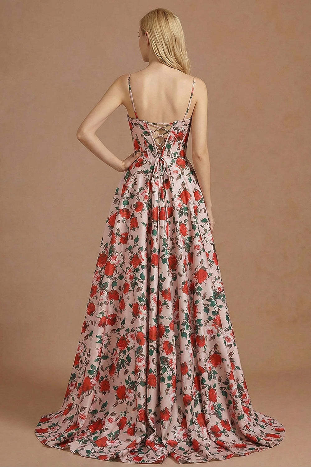 Floral Pink and Red Corset A Line Long Prom Dress with Slit
