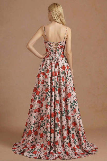 Floral Pink and Red Corset A Line Long Prom Dress with Slit