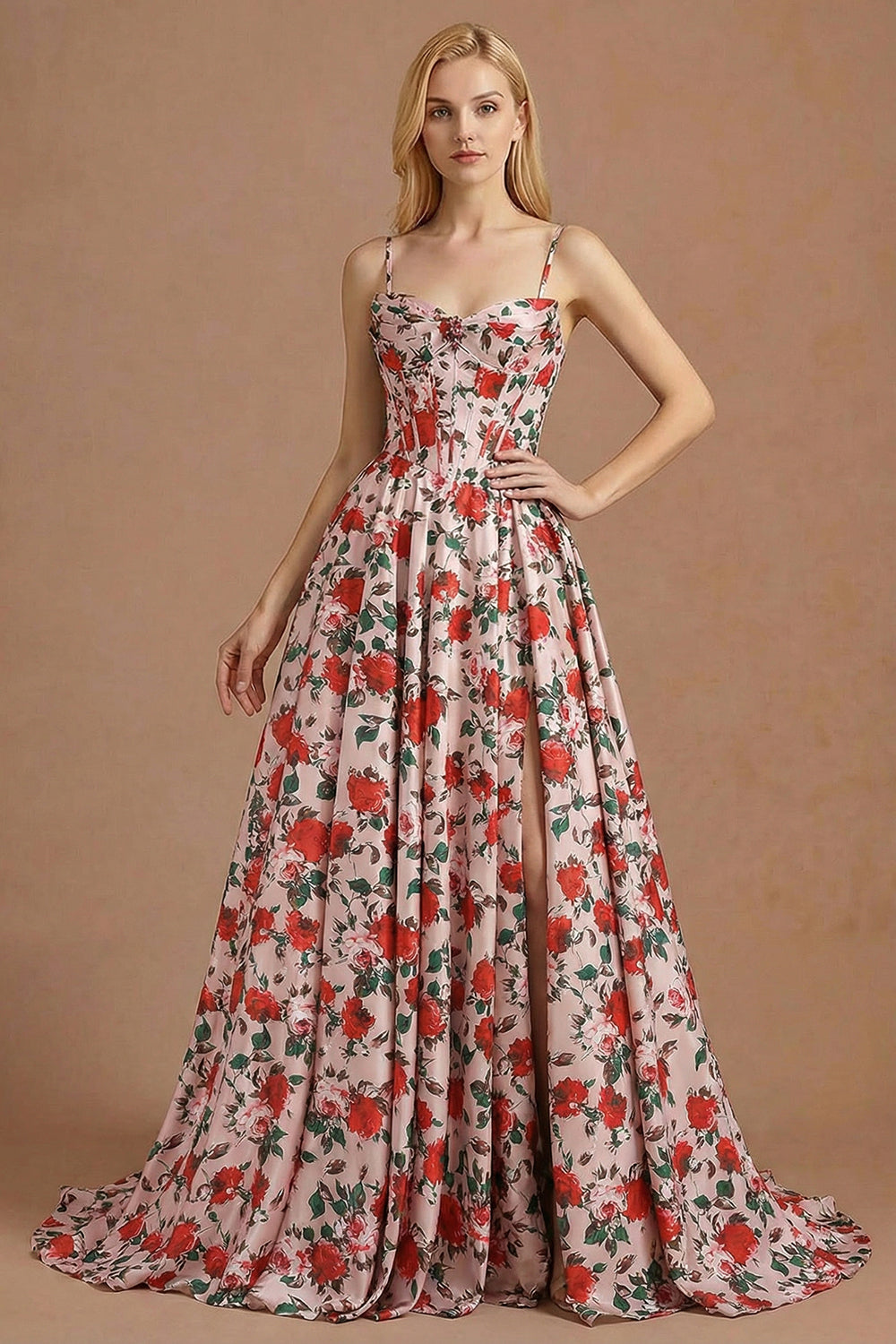 Floral Pink and Red Corset A Line Long Prom Dress with Slit