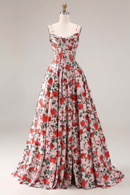 Floral Pink and Red Corset A Line Long Prom Dress with Slit