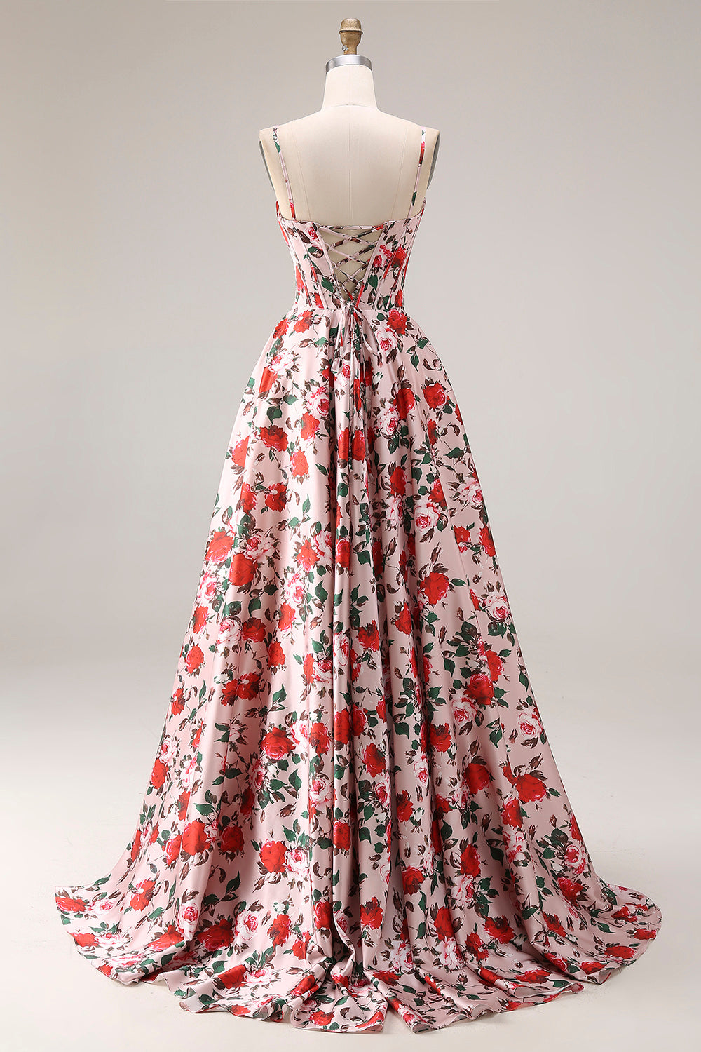 Floral Pink and Red Corset A Line Long Prom Dress with Slit