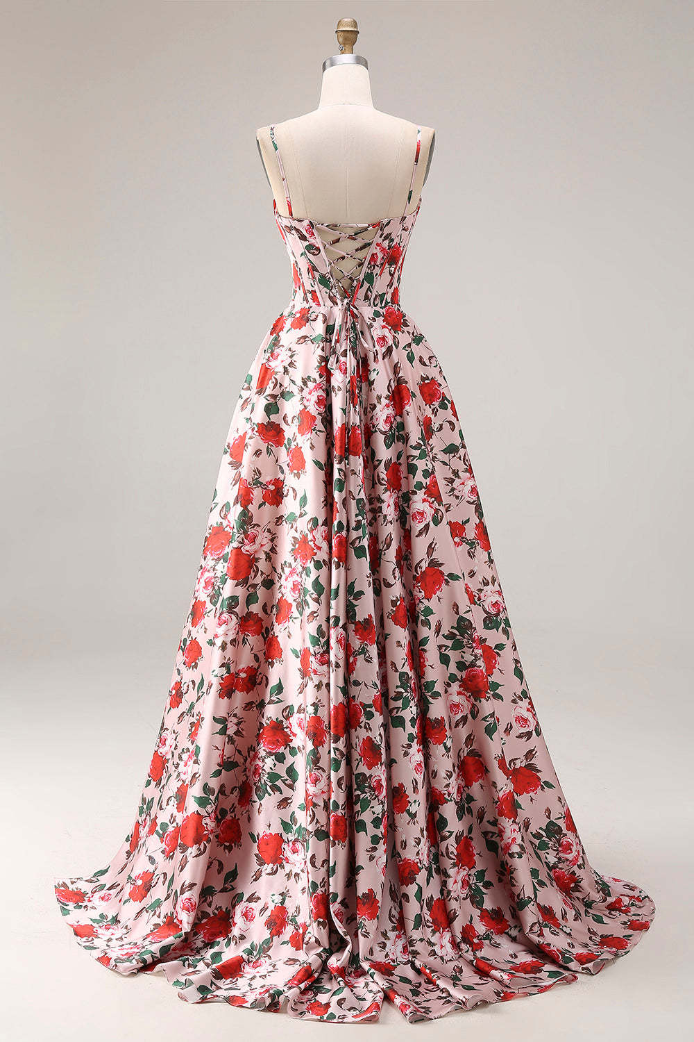 Floral Pink and Red Corset A Line Long Prom Dress with Slit