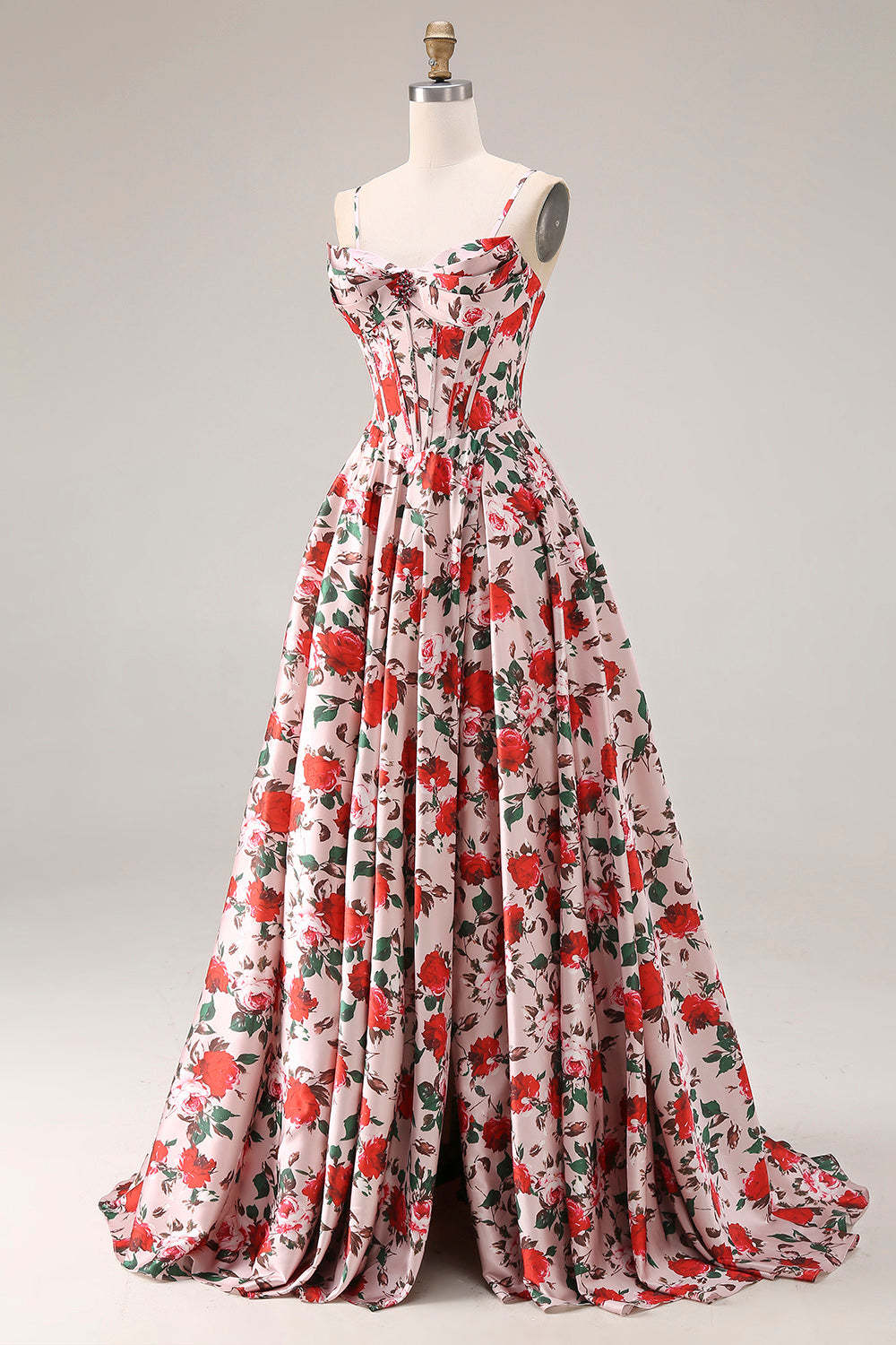 Floral Pink and Red Corset A Line Long Prom Dress with Slit