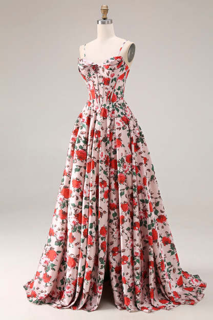Floral Pink and Red Corset A Line Long Prom Dress with Slit