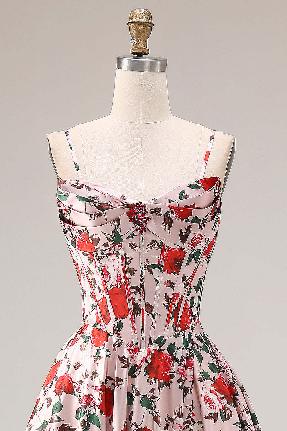 Floral Pink and Red Corset A Line Long Prom Dress with Slit