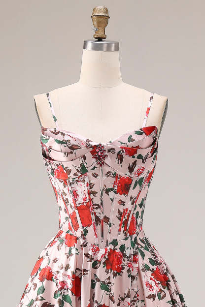 Floral Pink and Red Corset A Line Long Prom Dress with Slit