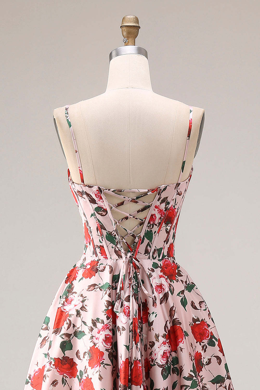 Floral Pink and Red Corset A Line Long Prom Dress with Slit