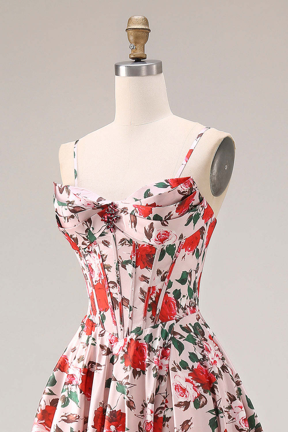 Floral Pink and Red Corset A Line Long Prom Dress with Slit