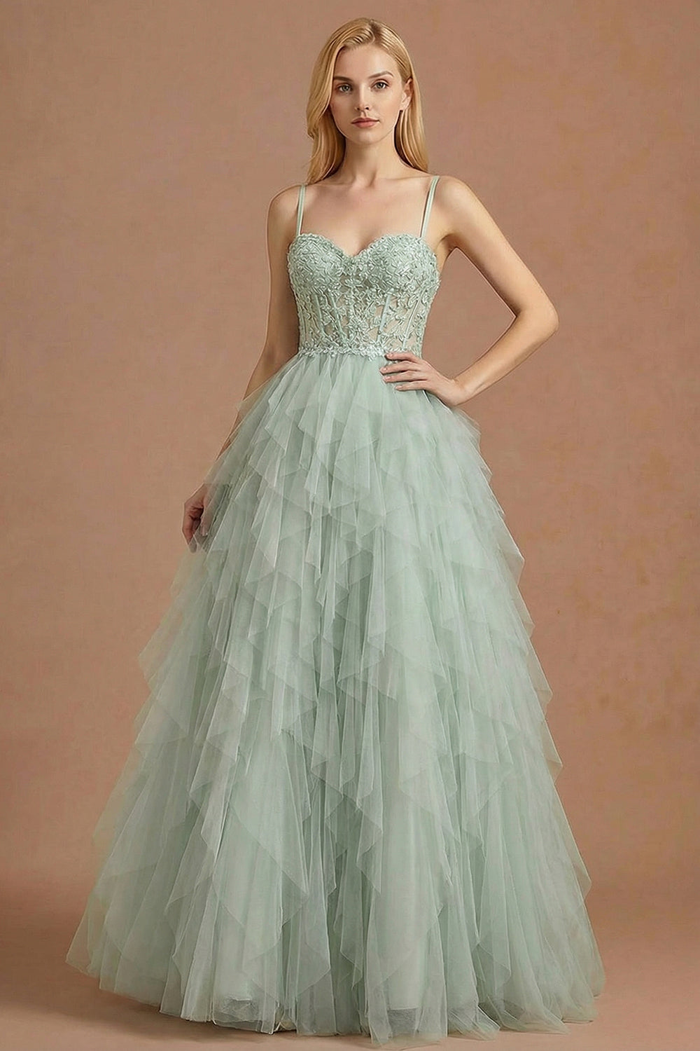 Dusty Green Corset Ruffled Spaghetti Straps Maxi Ball Gown Prom Dress
