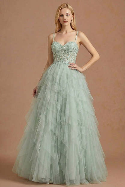 Leely Women Dusty Green Corset Maxi Ball Gown Prom Dress Tulle Ruffled Spaghetti Straps Backless Evening Dress