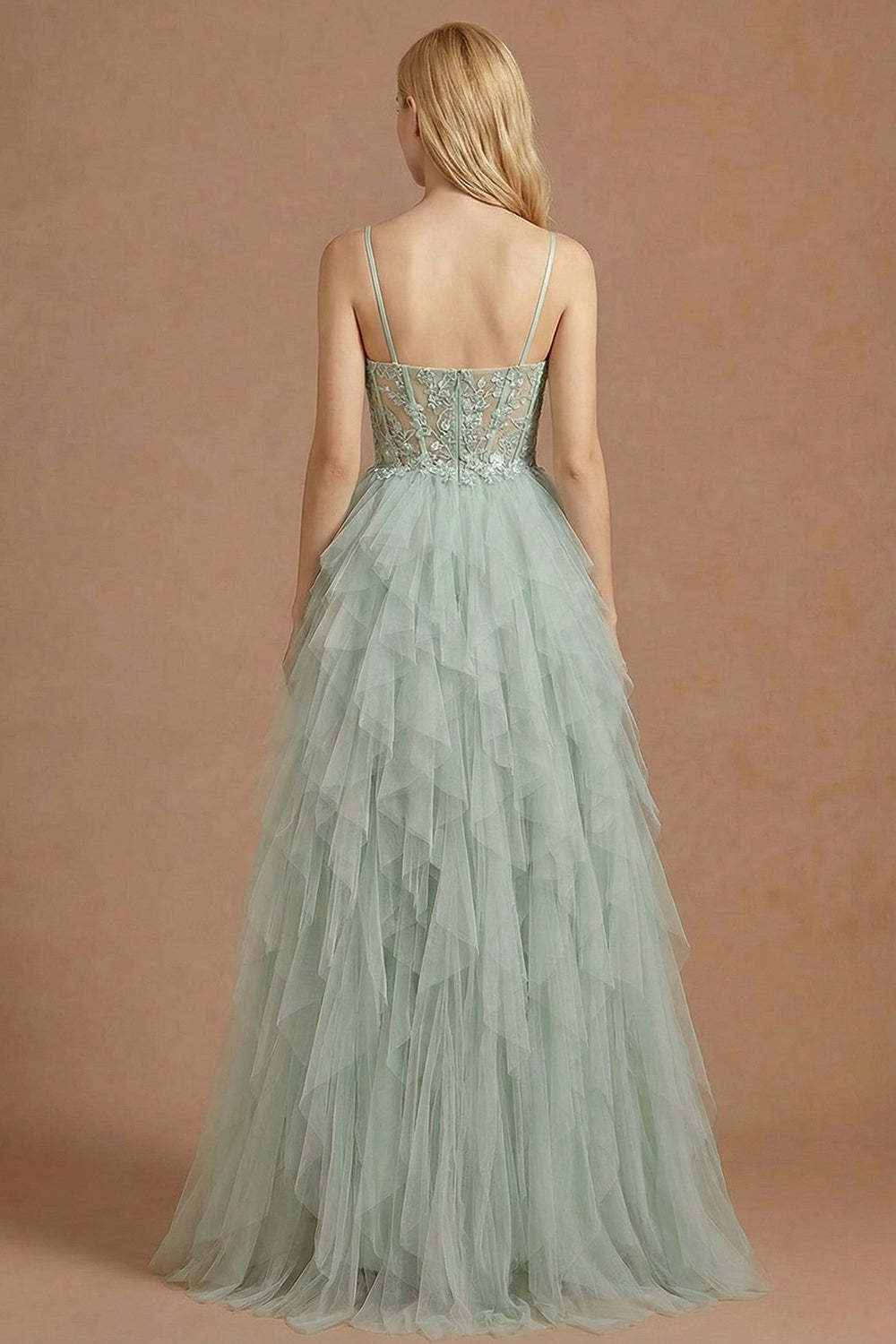 Dusty Green Corset Ruffled Spaghetti Straps Maxi Ball Gown Prom Dress