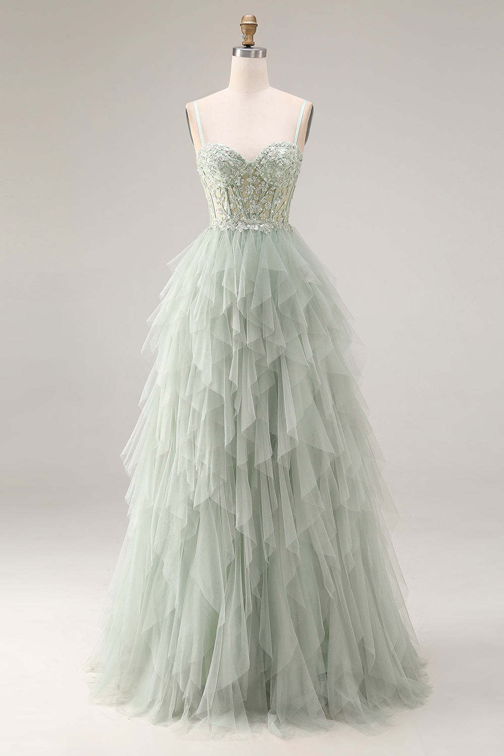 Dusty Green Corset Ruffled Spaghetti Straps Maxi Ball Gown Prom Dress