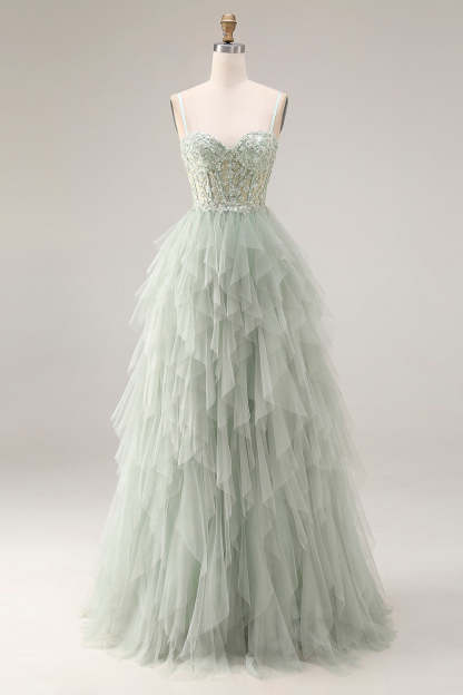 Dusty Green Corset Ruffled Spaghetti Straps Maxi Ball Gown Prom Dress