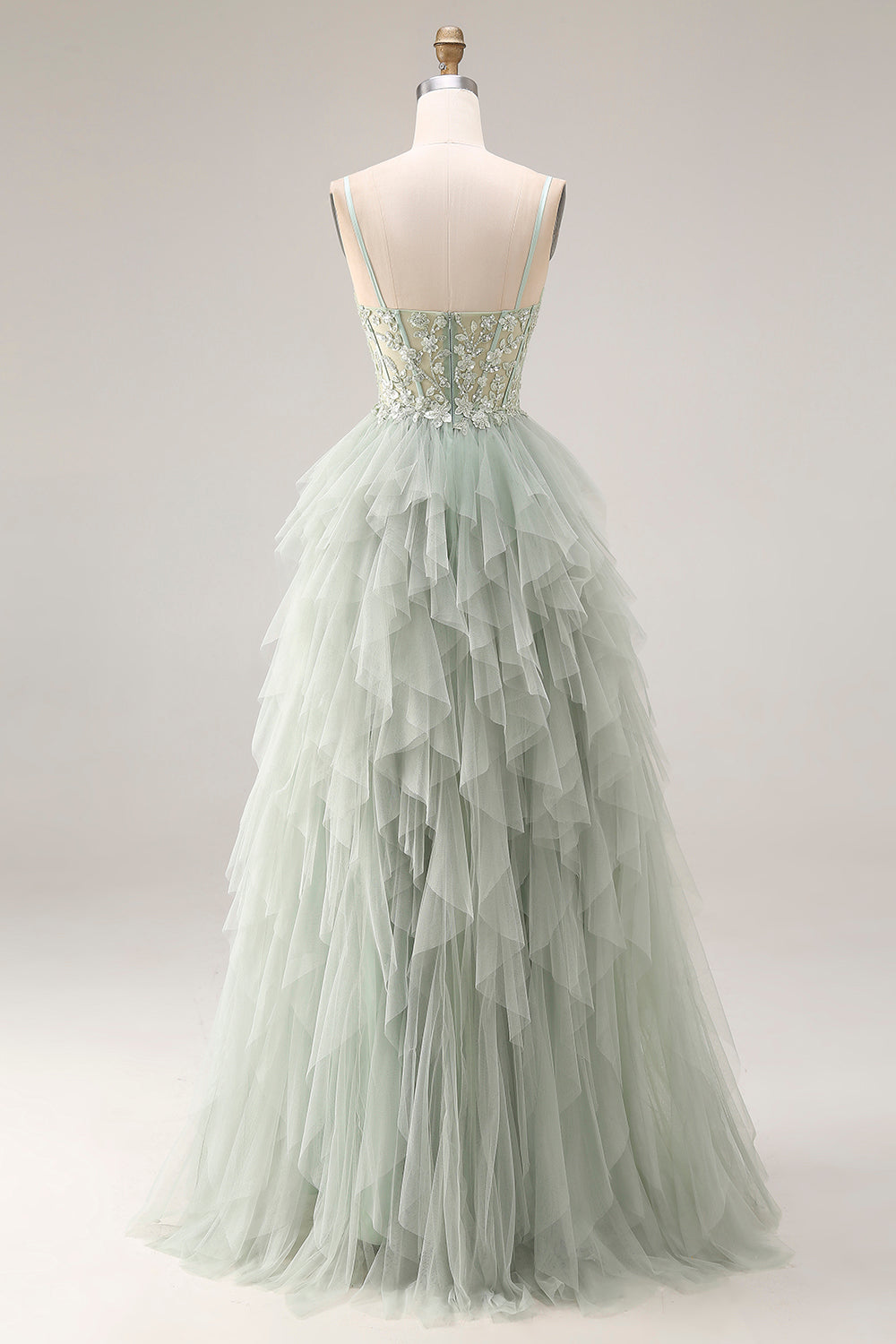 Dusty Green Corset Ruffled Spaghetti Straps Maxi Ball Gown Prom Dress