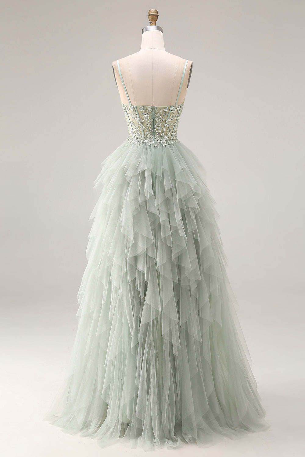 Dusty Green Corset Ruffled Spaghetti Straps Maxi Ball Gown Prom Dress