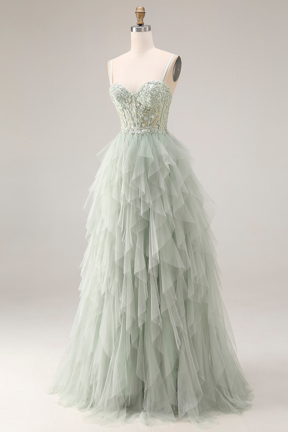 Dusty Green Corset Ruffled Spaghetti Straps Maxi Ball Gown Prom Dress