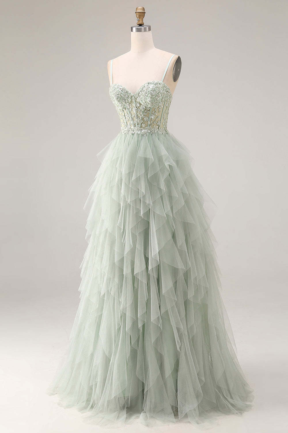 Dusty Green Corset Ruffled Spaghetti Straps Maxi Ball Gown Prom Dress