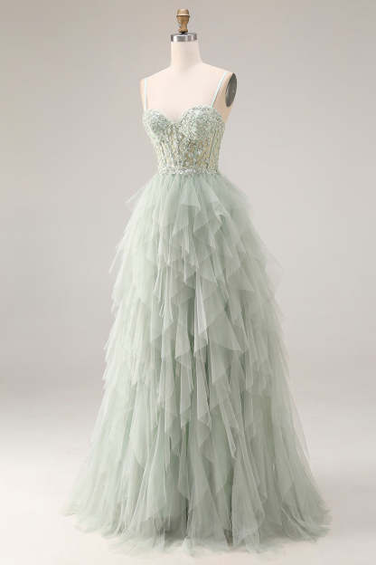 Dusty Green Corset Ruffled Spaghetti Straps Maxi Ball Gown Prom Dress