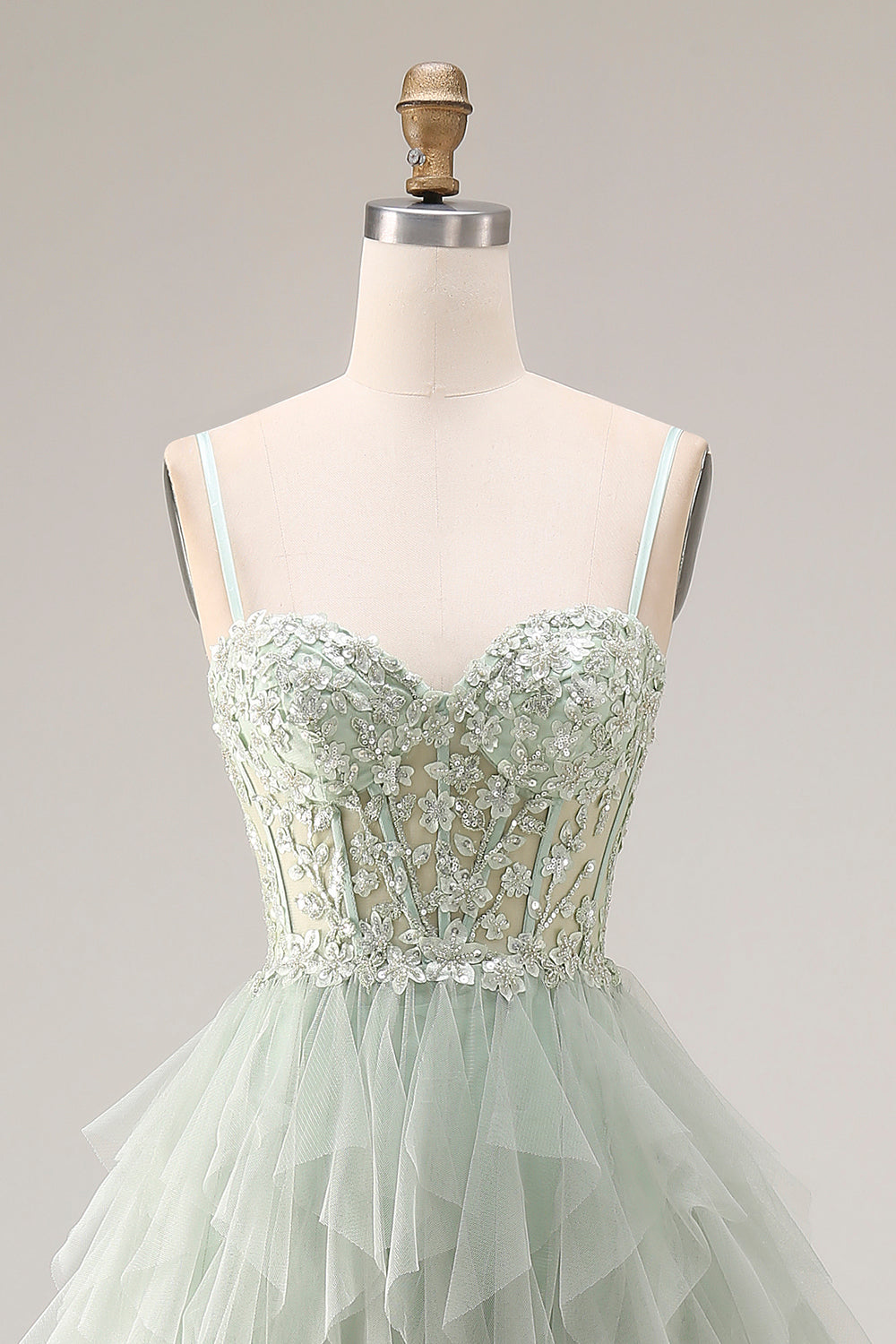 Dusty Green Corset Ruffled Spaghetti Straps Maxi Ball Gown Prom Dress