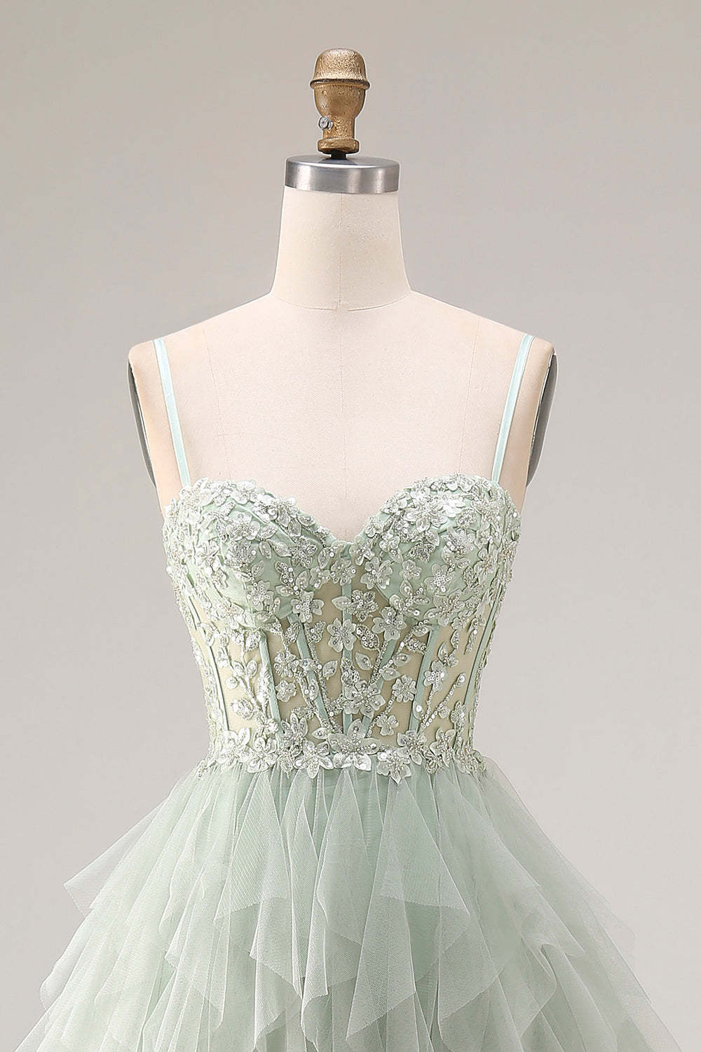 Dusty Green Corset Ruffled Spaghetti Straps Maxi Ball Gown Prom Dress