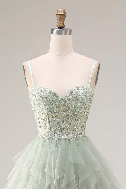 Dusty Green Corset Ruffled Spaghetti Straps Maxi Ball Gown Prom Dress