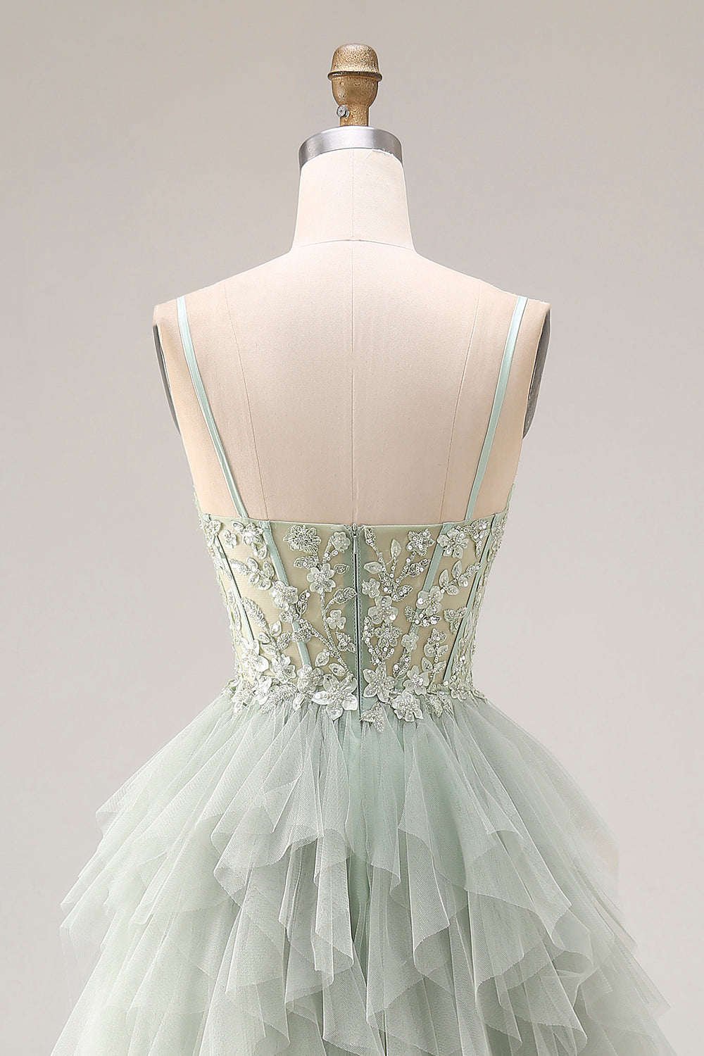 Dusty Green Corset Ruffled Spaghetti Straps Maxi Ball Gown Prom Dress