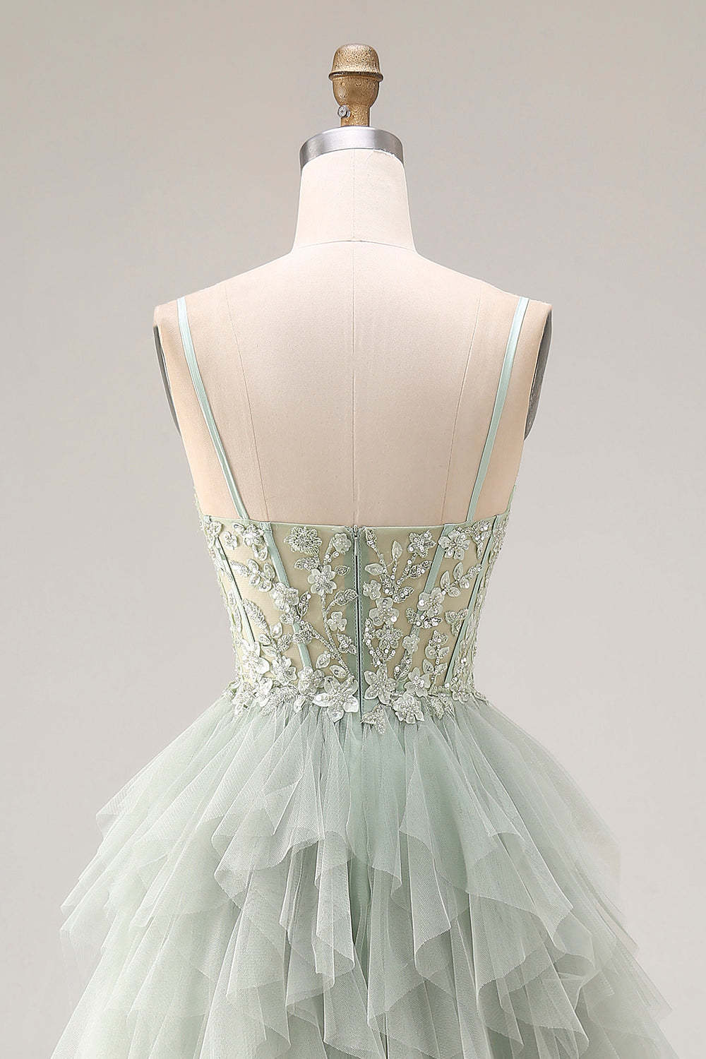Dusty Green Corset Ruffled Spaghetti Straps Maxi Ball Gown Prom Dress