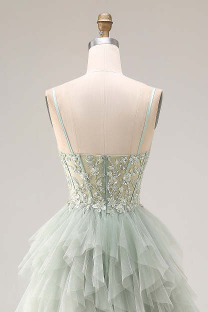 Dusty Green Corset Ruffled Spaghetti Straps Maxi Ball Gown Prom Dress