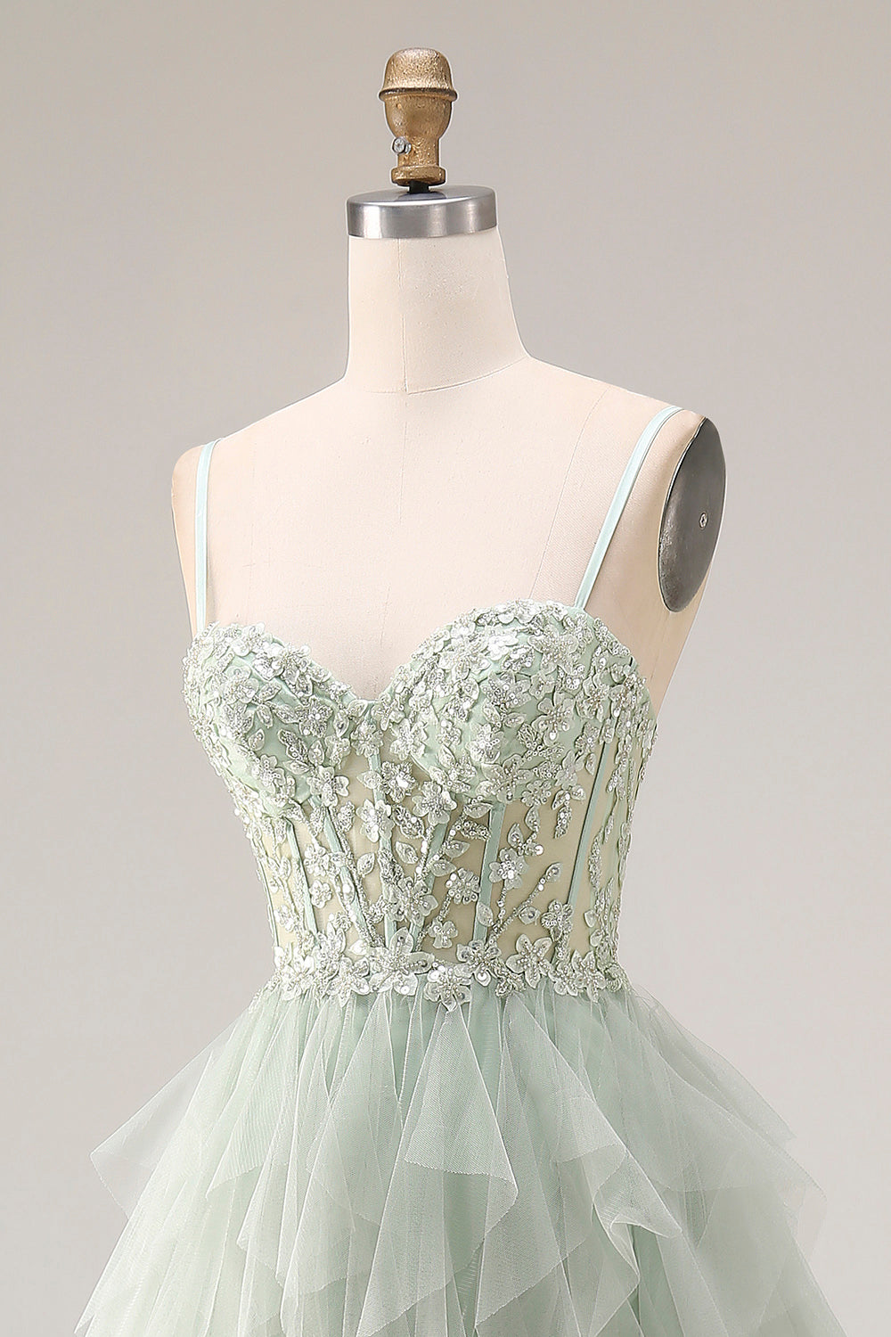 Dusty Green Corset Ruffled Spaghetti Straps Maxi Ball Gown Prom Dress