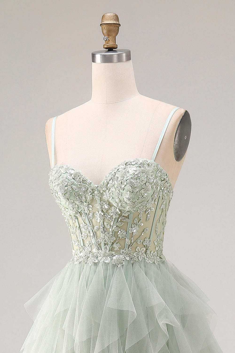 Dusty Green Corset Ruffled Spaghetti Straps Maxi Ball Gown Prom Dress