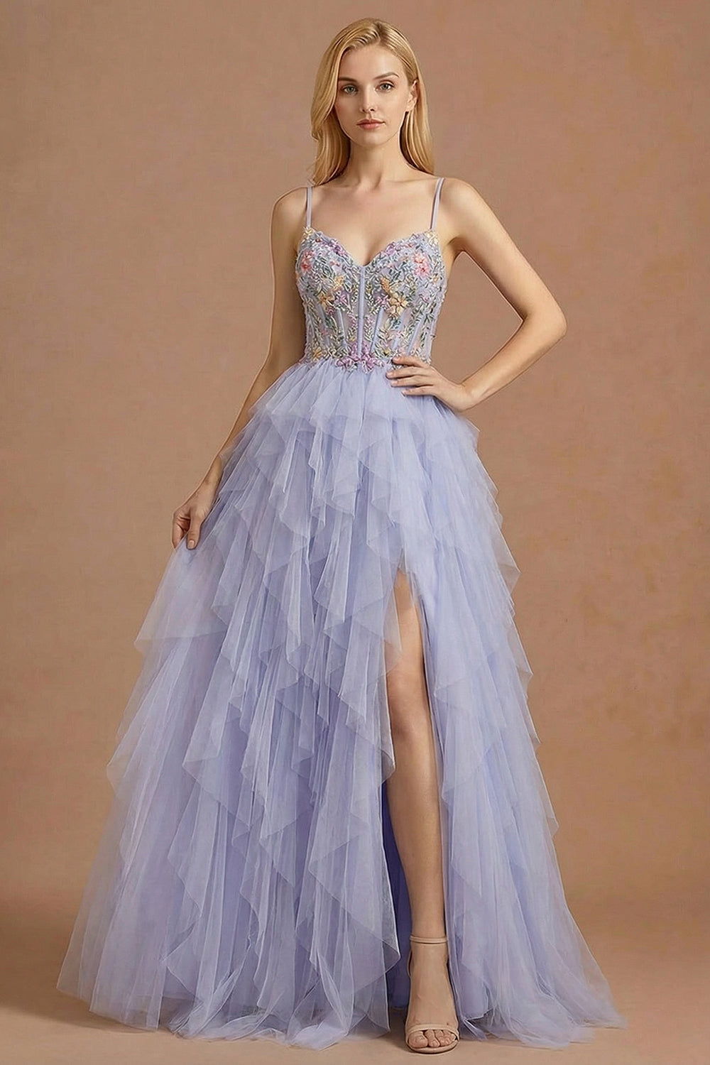 Light Plum A Line Corset Floral Ruffled Maxi Prom Dress with Slit