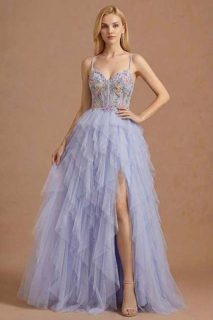 Leely Women Light Plum A Line Corset Floral Maxi Prom Dress with Slit Spaghetti Straps Appliqued Sleeveless Ruffled Gala Dress