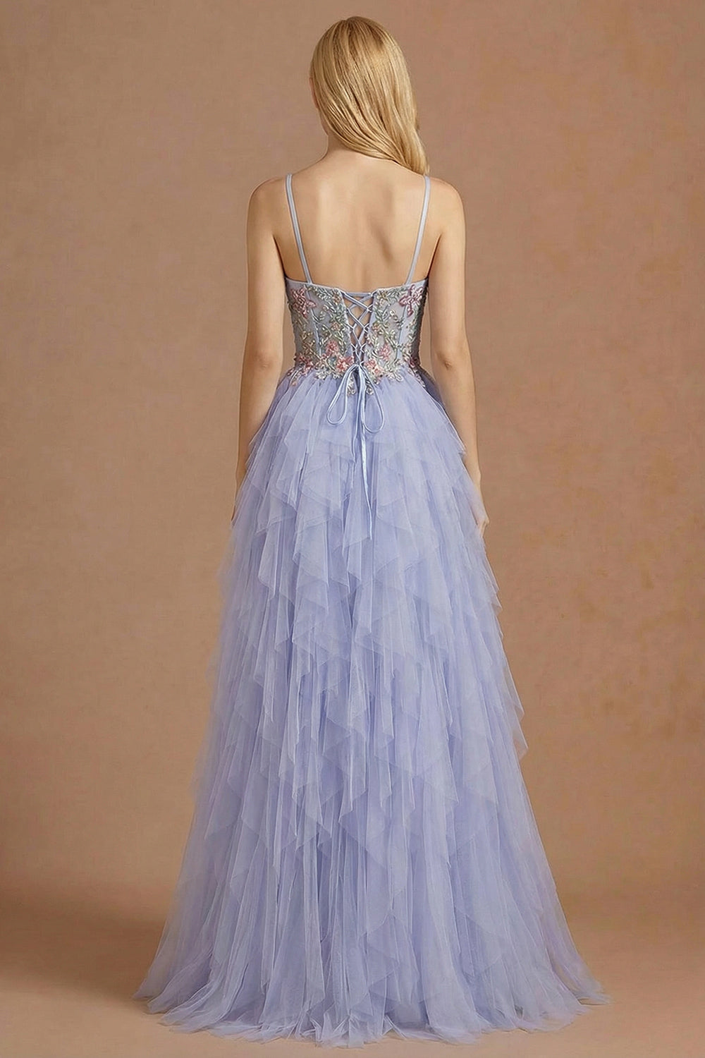 Light Plum A Line Corset Floral Ruffled Maxi Prom Dress with Slit