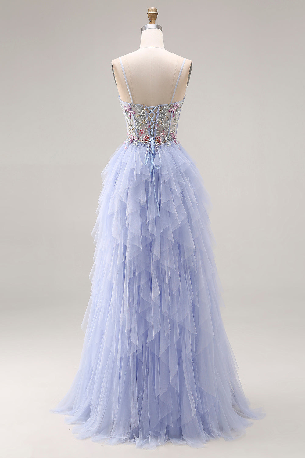 Light Plum A Line Corset Floral Ruffled Maxi Prom Dress with Slit