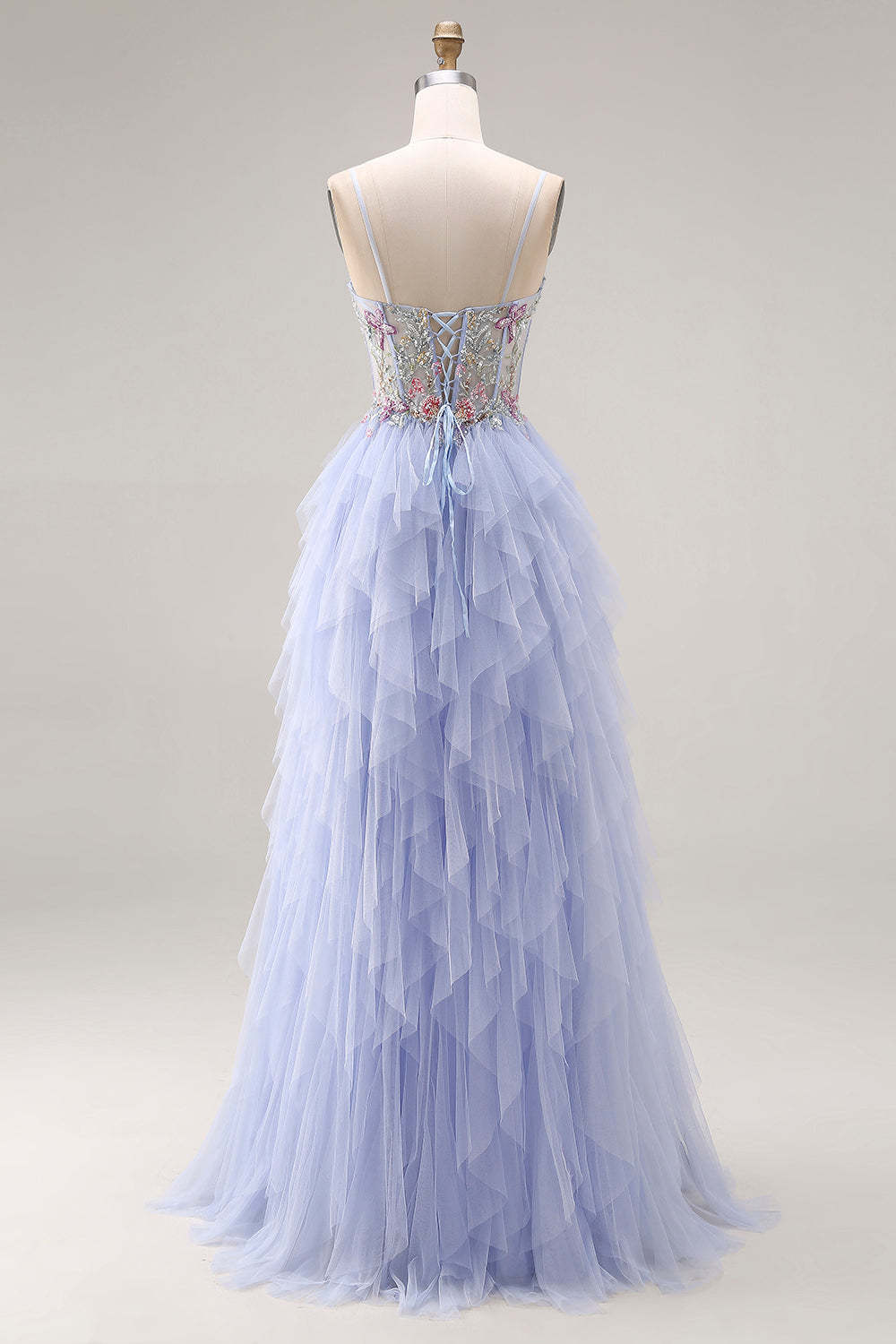 Light Plum A Line Corset Floral Ruffled Maxi Prom Dress with Slit