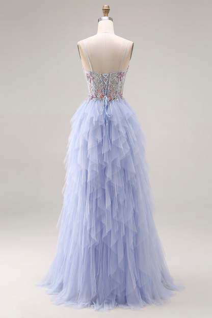 Light Plum A Line Corset Floral Ruffled Maxi Prom Dress with Slit