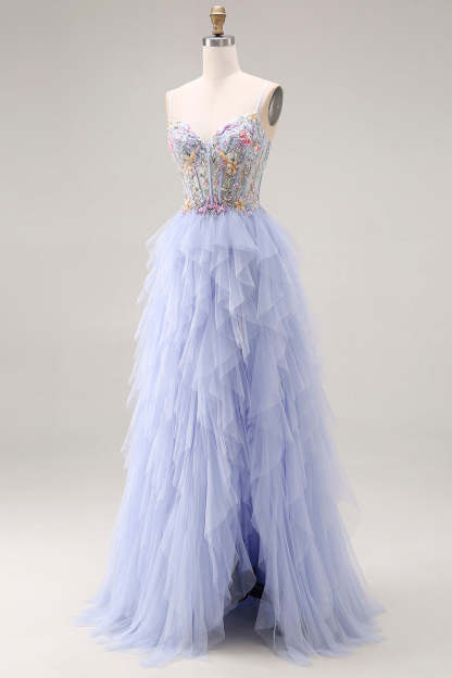 Light Plum A Line Corset Floral Ruffled Maxi Prom Dress with Slit