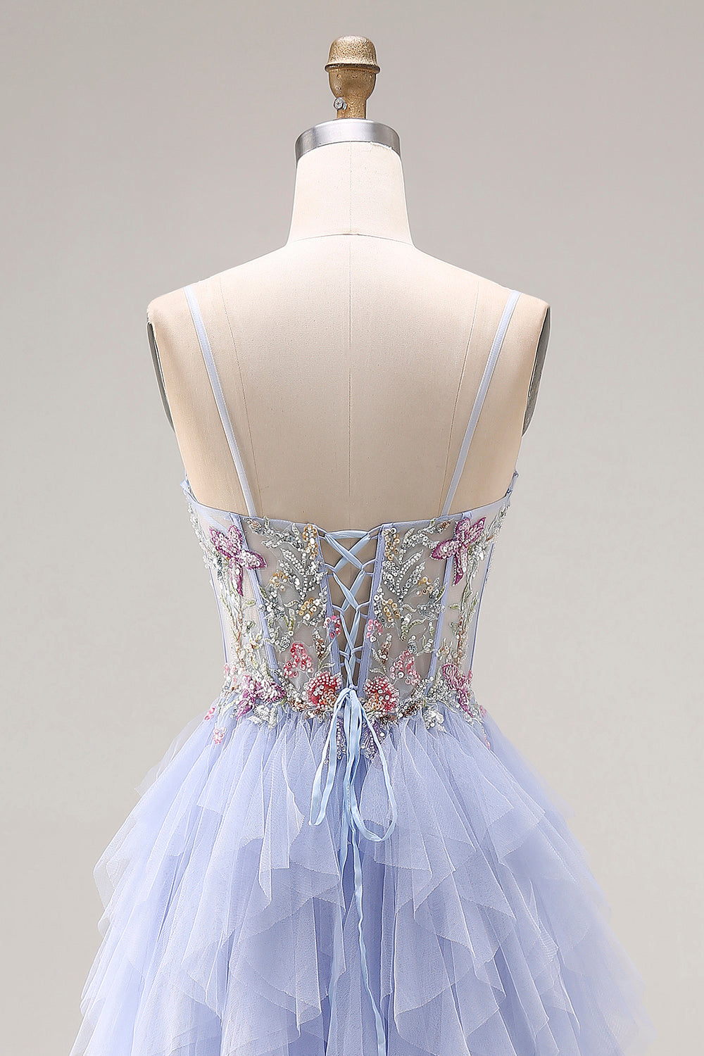 Light Plum A Line Corset Floral Ruffled Maxi Prom Dress with Slit