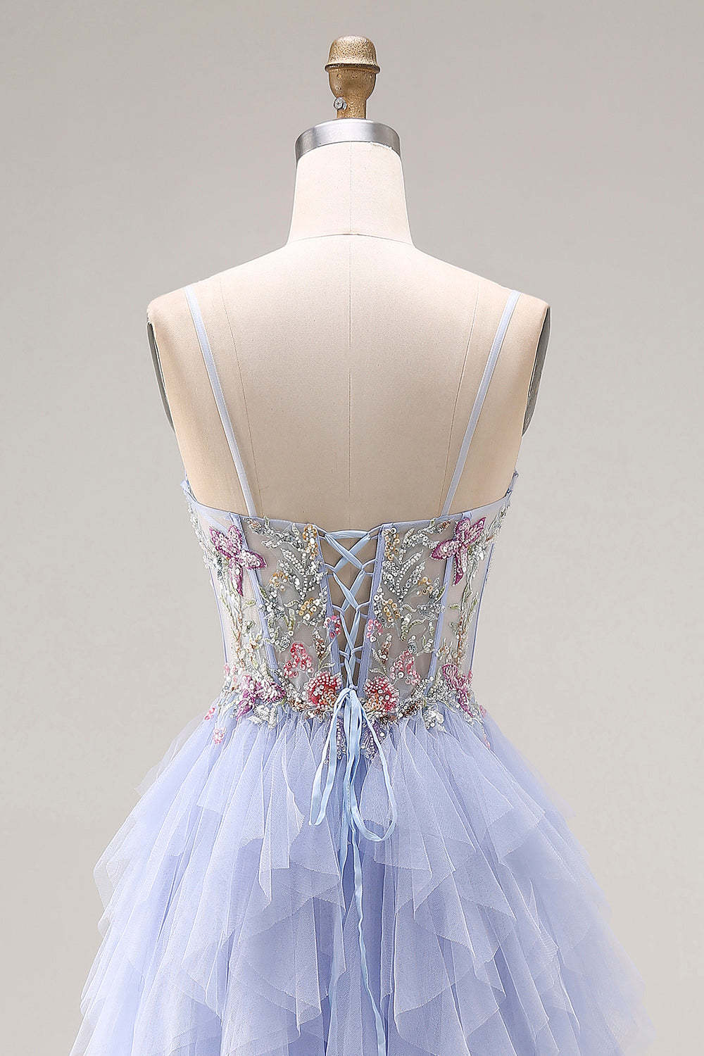 Light Plum A Line Corset Floral Ruffled Maxi Prom Dress with Slit