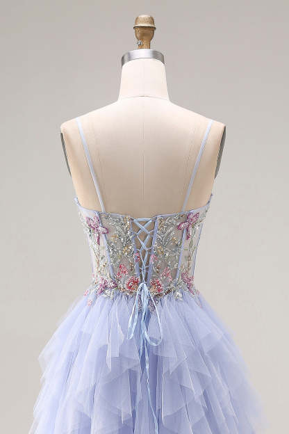 Light Plum A Line Corset Floral Ruffled Maxi Prom Dress with Slit