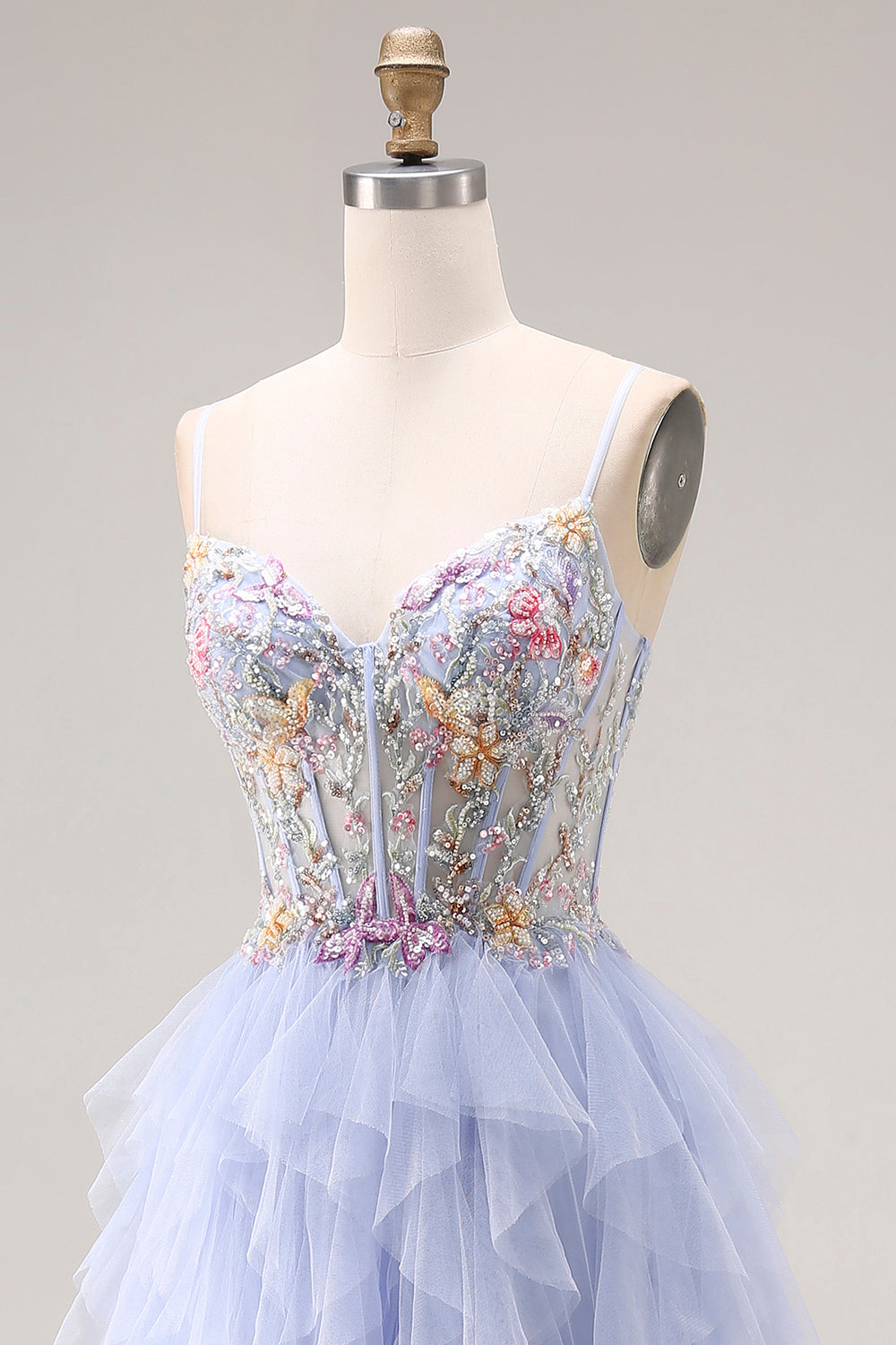 Light Plum A Line Corset Floral Ruffled Maxi Prom Dress with Slit