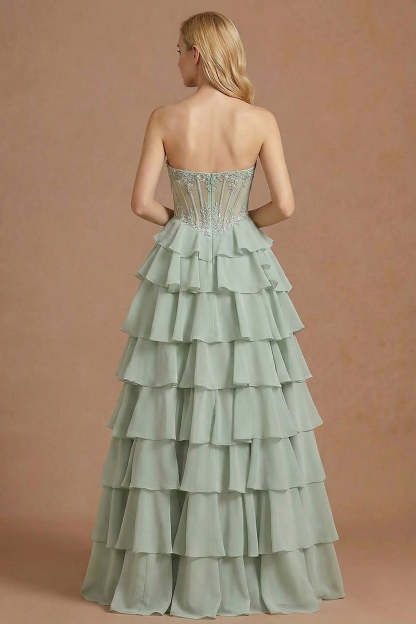 Dusty Sage A Line Corset Sweetheart Ruffled Long Prom Dress with Slit
