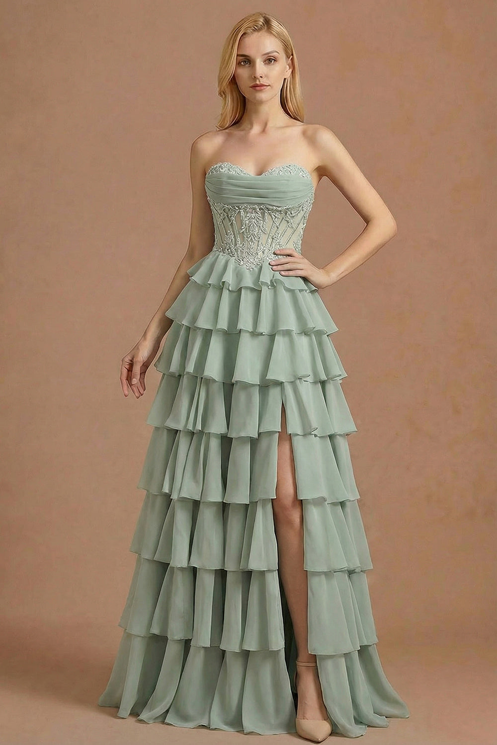 Leely Women Dusty Sage A Line Corset Ruffled Long Prom Dress with Slit Sweetheart Tiered Draped Appliqued Evening Dress